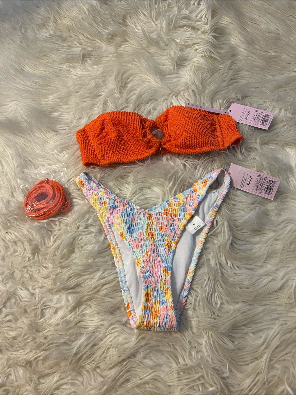 Orange Bandeau Bikini Top with Multicolor Smocked Bottom